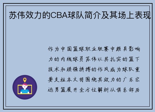 苏伟效力的CBA球队简介及其场上表现