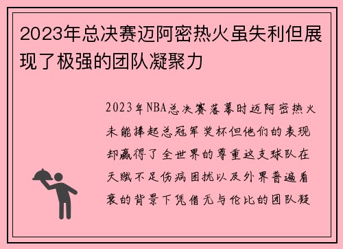 2023年总决赛迈阿密热火虽失利但展现了极强的团队凝聚力